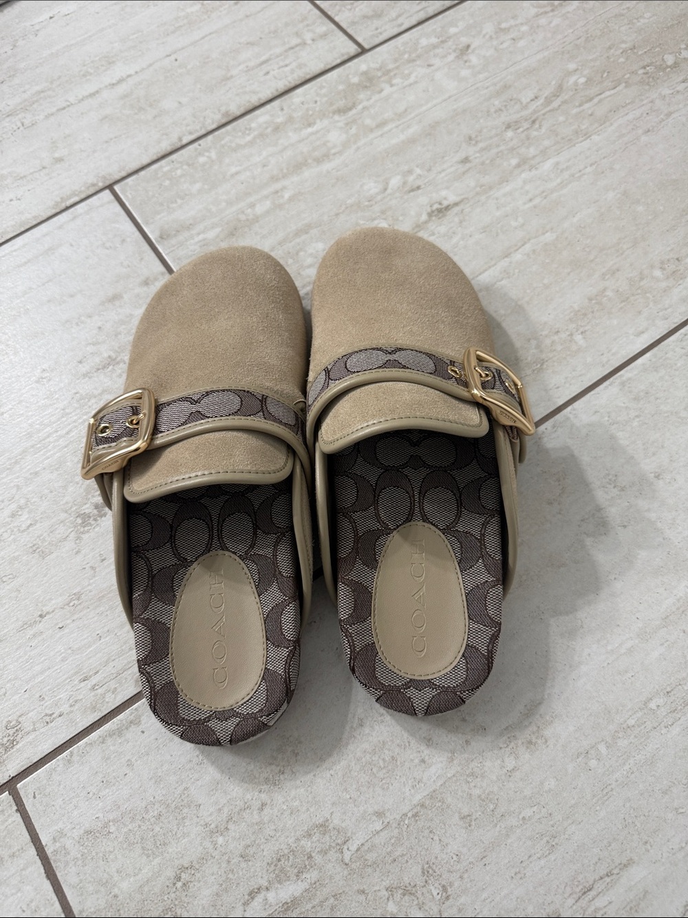 Coach Beige Suede Logo-Trim Clogs with Gold Buckle - Picture 6 of 8